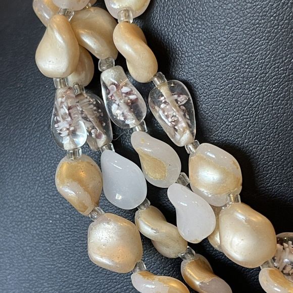Triple 3 Three Strand Vintage Signed Japan Neutral Color Glass Beaded Necklace - Picture 3 of 5
